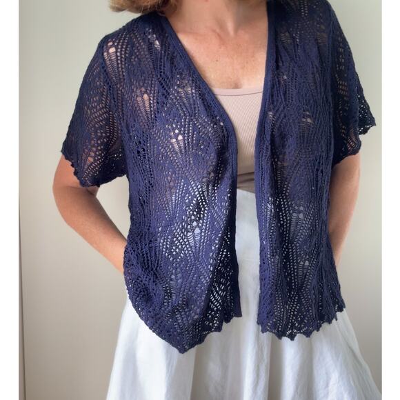 90s Crochet Cardigan Knit Top Blue Size XL BOho Indie Vibes Layering Pieces - Picture 3 of 10